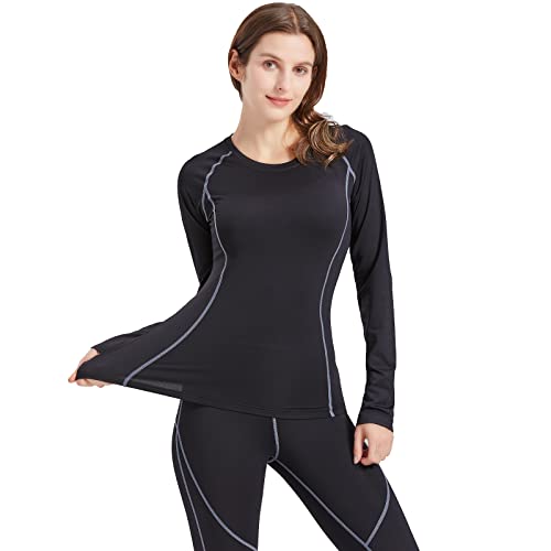 ZDQ Conjunto de Ropa Interior Térmica Mujer Elástico Manga Larga Funcional Camiseta Invierno Transpirable Termicos Pantalon de Running Esqui Negro 44