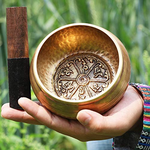 Zenamaste® – Cuenco tibetano de meditación hecho a mano en la ciudad nepalí de Bhaktapur | 450 g – 11,5 cm de diámetro | + Caja en papel nepalí con cojín | + Cuenco | + Mazo de madera