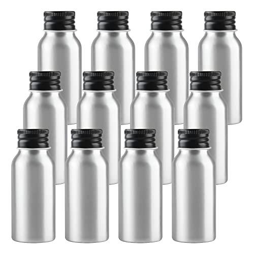 ZEOABSY 12 Piezas Vacías 50 ml Botella de Aluminio Plata con Tapón Rosca de Aluminio Negro Envase Cosmético Metálico para Champú, Loción Gel Aceite Esencial Hoteles Viaje