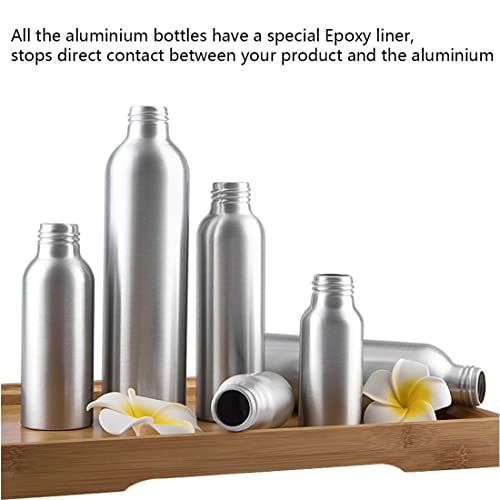 ZEOABSY 4 Piezas Vacías 30 ml Botella de Aluminio Plata con Tapón Rosca de Aluminio Negro Envase Cosmético Metálico para Champú, Loción Gel Aceite Esencial Hoteles Viaje