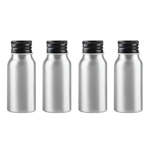 ZEOABSY 4 Piezas Vacías 30 ml Botella de Aluminio Plata con Tapón Rosca de Aluminio Negro Envase Cosmético Metálico para Champú, Loción Gel Aceite Esencial Hoteles Viaje