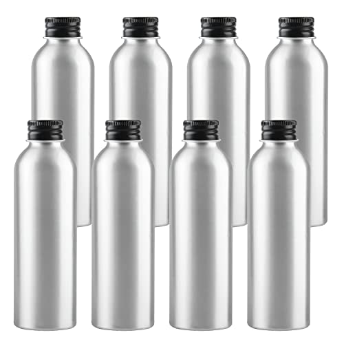 ZEOABSY 8 Piezas Vacías 150 ml Botella de Aluminio Plata con Tapón Rosca de Aluminio Negro Envase Cosmético Metálico para Champú, Loción Gel Aceite Esencial Hoteles Viaje