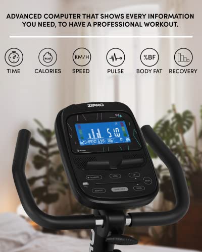 ZIPRO Bicicleta estática para Casa GLOW WM, entrenador eliptico, LCD Pantalla, sensores de pulso, ajuste de resistencia, aplicación iConsole Kinomap, USB, Bluetooth, 150kg, Negro