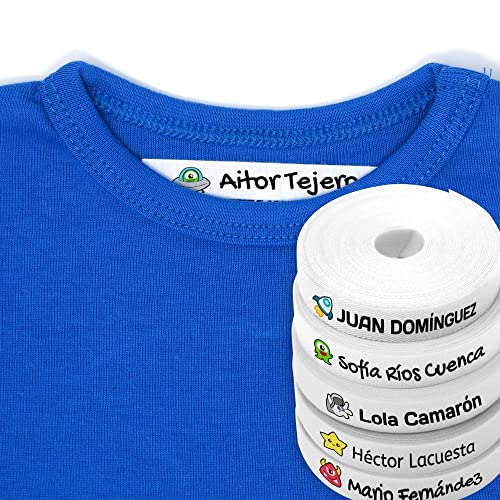 100 Etiquetas personalizadas con nombre e icono de color para marcar la ropa. Tela blanca termoadhesiva para planchar en camisetas, pantalones, abrigos y todo tipo de prendas. (Galaxia)