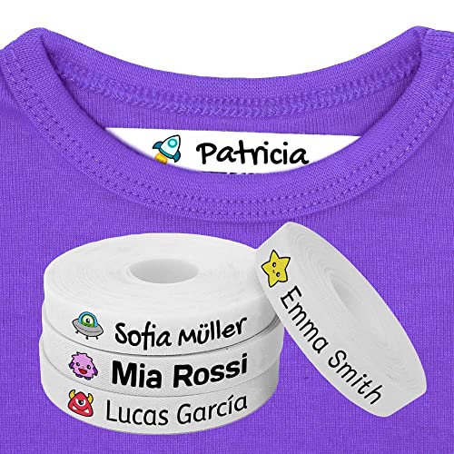100 Etiquetas personalizadas con nombre e icono de color para marcar la ropa. Tela blanca termoadhesiva para planchar en camisetas, pantalones, abrigos y todo tipo de prendas. (Galaxia)
