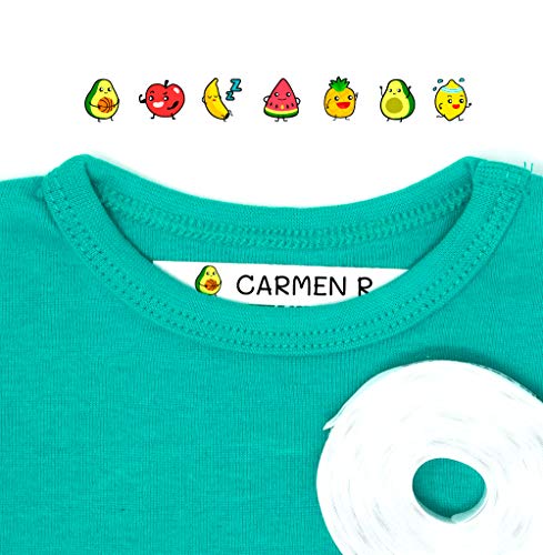 100 Etiquetas personalizadas con nombre e icono de color para marcar la ropa. Tela blanca termoadhesiva para planchar en camisetas, pantalones, abrigos y todo tipo de prendas. (Frutas)