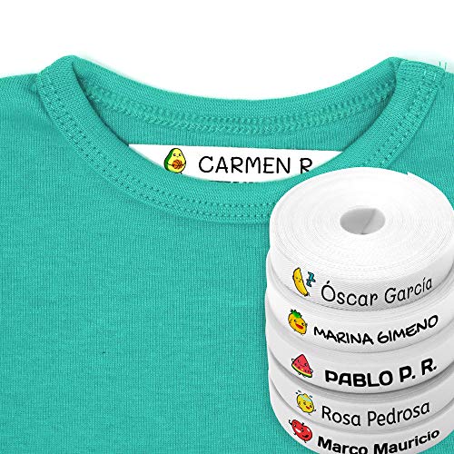 100 Etiquetas personalizadas con nombre e icono de color para marcar la ropa. Tela blanca termoadhesiva para planchar en camisetas, pantalones, abrigos y todo tipo de prendas. (Frutas)