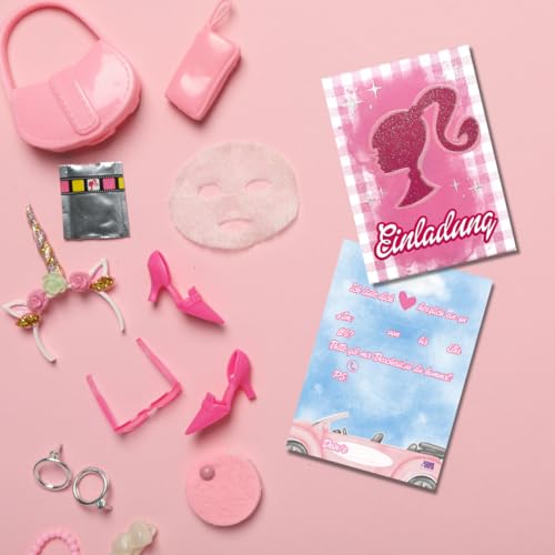 12 tarjetas de invitación con purpurina + sobres (rosa) para fiestas y cumpleaños infantiles. Las tarjetas en diseño de siluetas de princesa de muñecas rosas son la invitación para niñas al cumpleaños