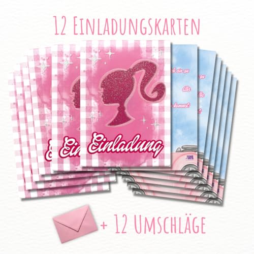 12 tarjetas de invitación con purpurina + sobres (rosa) para fiestas y cumpleaños infantiles. Las tarjetas en diseño de siluetas de princesa de muñecas rosas son la invitación para niñas al cumpleaños