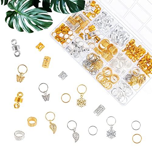 180 piezas Dreadlocks joyas anillos, ajustables de metal, perlas para el pelo, accesorios para el cabello vikingos, accesorios con caja de para trenzas, decoración de cabello (doradas y plate)