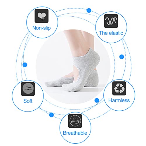 2 pares de calcetines de yoga antideslizantes con 2 bolsas con cordón, calcetines de algodón para pilates, calcetines de gimnasio con empeine abierto,trampolín (negro, gris)