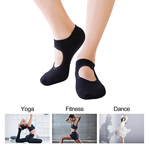 2 pares de calcetines de yoga antideslizantes con 2 bolsas con cordón, calcetines de algodón para pilates, calcetines de gimnasio con empeine abierto,trampolín (negro, gris)