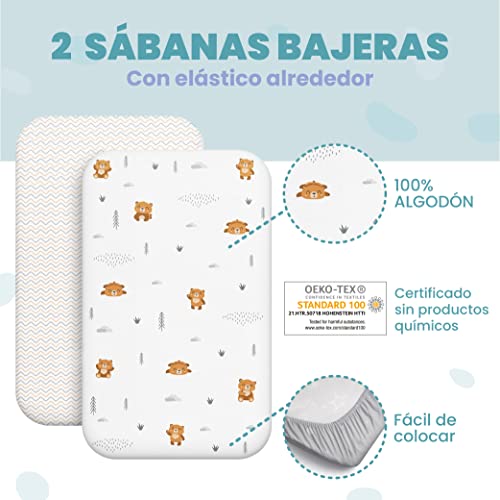2 Sabanas Minicuna + 1 cubrecolchon para minicunas para Bebes Impermeable elástico - Lote de 3 Ropa de Cuna - Talla 55x90cm - Compatible con cunas, colchon - Niño y Niña - Naranja