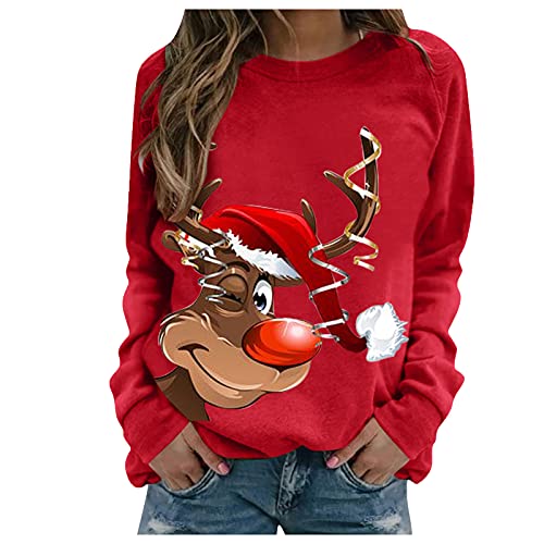 2024 Navidad Nueva sudadera de mujer de manga larga impresa top casual suéter de Navidad Snap T Pullover, rosso, XL