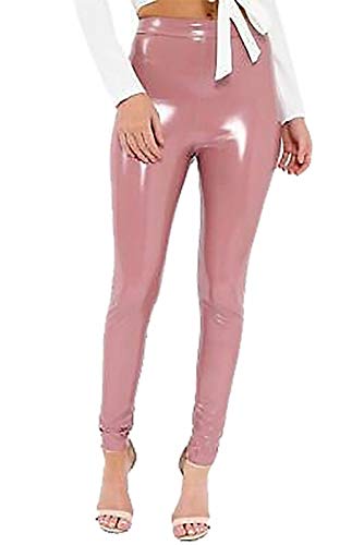 21Fashion Leggings de aspecto mojado para mujer, pantalones de discoteca, polainas de vinilo de PVC, Leggings de PVC de vinilo rosa, 44-46