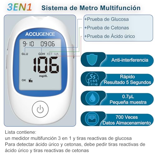3 en 1 Medidor de Monitoreo Multifuncional para Ácido Úrico, Glucosa, Cetona Con tiras reactivas y lancetas (Menú A)