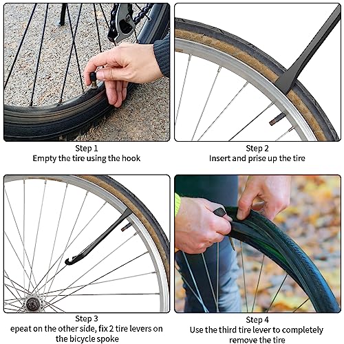 3 Piezas Palancas Neumatico Bicicleta, Desmontadora de Neumáticos Bicicleta, Juego de Herramientas para Reparación de Neumáticos de Bicicleta, con 1 x Raspador de Metal, 6 x Parches de Neumáticos