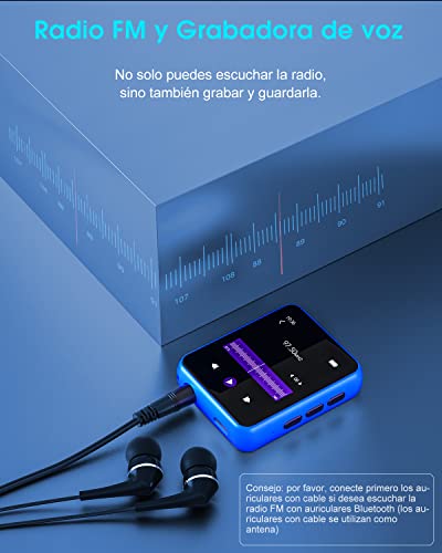 32GB Reproductor MP3 Bluetooth 5.0 con Pantalla Táctil Completa, HiFi Reproductor de Música con Altavoz Interno, Line-in Grabación de Voz, Radio FM, Podómetro, E-Book, Soporte hasta 128 GB Tarjeta