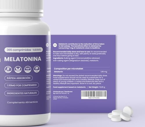 365 Comprimidos Melatonina Pura Retard 1,99 mg (Suministro 1 Año) | 100% Pura | Complemento de Melatonina para dormir bien | Melatonina Natural para Más de 1 Año | Vegano sin OMG | Fabricado en España