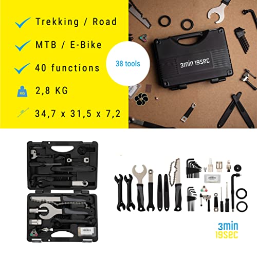 3min19sec maletín de herramientas de bici - set de herramientas 38 piezas - set de reparación para bicis de MTB, de ruta y eléctricas I set de herramientas profesional de bicicleta | Bike Tool Set