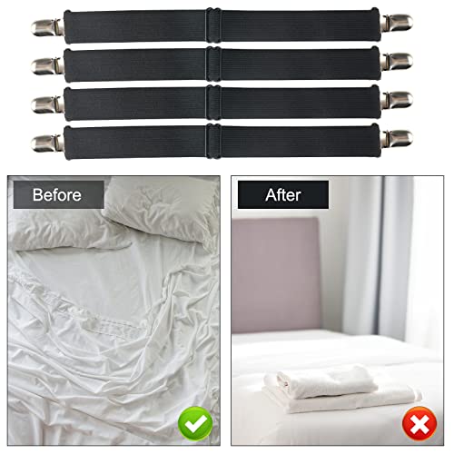 4 piezas Tensor de sábanas elásticas, 55-220 cm Ajustables Tensor de sábanas con Clips metálicos,tensores sabanas pinzas para sábanas de cama clips, sujetadores de sábanas,para Mantel,Mantel,Blanco