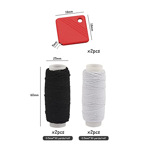 4 rollos de hilo elástico para coser, 2 herramientas de enhebrado, cordón elástico plisado, hilo elástico blanco y negro, suministros de costura (0,5 mm x 27,4 m)