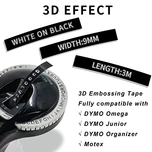 5 x Cintas para Impresoras De Etiquetas Compatible para usar en Lugar de DYMO cinta de estampación autoadhesiva, 9mm x 3m Blanco sobre Negro 3D Label Tape para Dymo Omega Junior Motex Etiquetadora