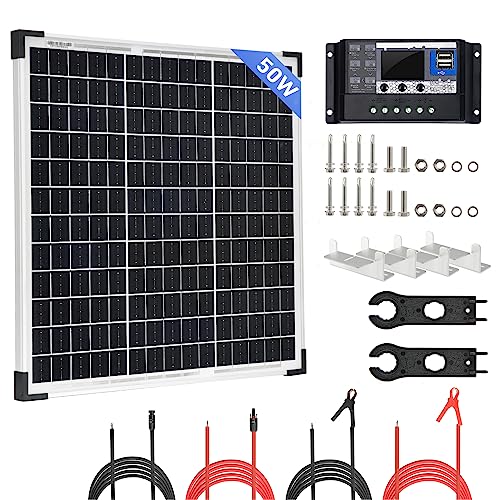 50W Solar Panel Kit 12V Módulo Monocristalino de energía fotovoltaica con regulador de carga, cables solares y "Z" Soportes para Autocaravana, Cobertizos, Barco, Campervan