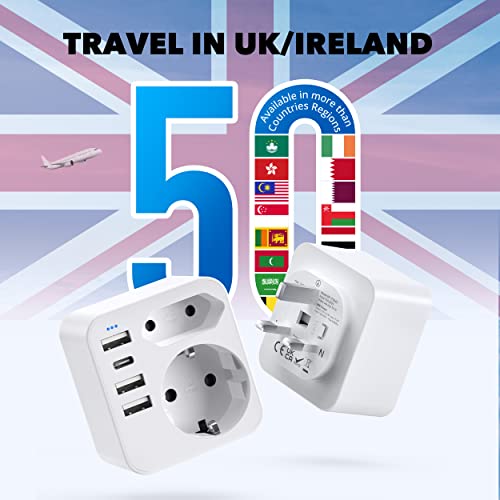 6 en 1 Adaptador Enchufe Europeo a UK con 3 USB+1 Tipo C+ 2 Schuko España,Adaptador Enchufe Inglaterra para Irlanda Ingles Escocia Britanico Maldivas（Tipo G）