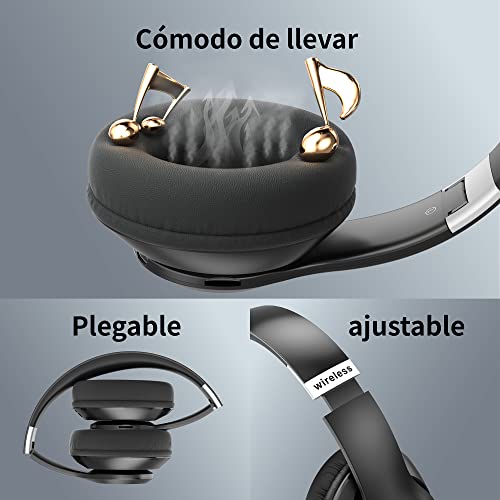 9S Auriculares Inalambricos Bluetooth Plegables, 60 Horas de Reproducción, Cascos Diadema Estéreo HiFi con Micrófono, 6EQ Modos, Soporte Micro TF/FM, Para PC/TV/Fones. (1-Negro)