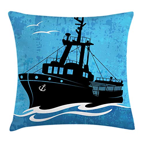ABAKUHAUS Azul náutica Funda para Almohada, Barco de Pesca en Onda, Decorativo, Estampado en Ambos Lados, 50 x 50 cm, Cielo Azul Gris
