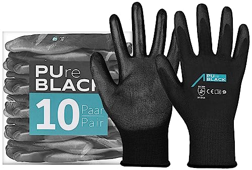 ACE PUre Negro 10 pares de guantes de trabajo - sensibles y robustos - para el trabajo - EN 388/21420 - Negro - 09/L
