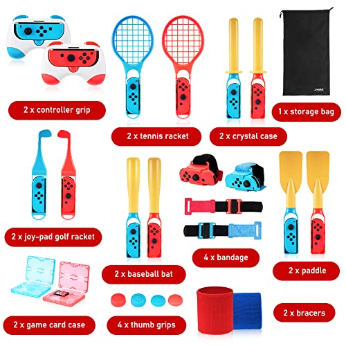 Aceshop 25 in 1 bundle di accessori sportivi per Nintendo Switch / Nintendo Switch OLED bundle di accessori per Switch con racchetta da tennis Controller Grip Golf Club Paddle Baseball Bat Wrist