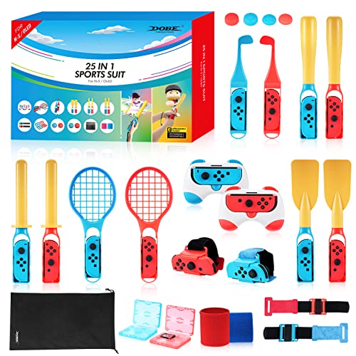 Aceshop 25 in 1 bundle di accessori sportivi per Nintendo Switch / Nintendo Switch OLED bundle di accessori per Switch con racchetta da tennis Controller Grip Golf Club Paddle Baseball Bat Wrist