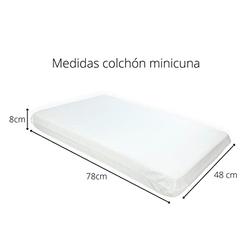 Acomoda Textil – Colchón Minicuna Impermeable y Desenfundable 78x48x8 cm. Colchón para Minicuna de Espuma de Alta Densidad con Doble Funda, Higiénico y Transpirable para Bebé.
