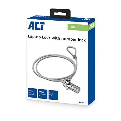 ACT Cable de Seguridad para Ordenador portátil de 1,5 m, Cable antirrobo portátil, Bloqueo de 4 Combinaciones, para Ordenador portátil y PC - AC9015