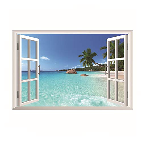 Adhesivo de vinilo para pared, mural ventana 3D de paisaje de playa para decoración del hogar