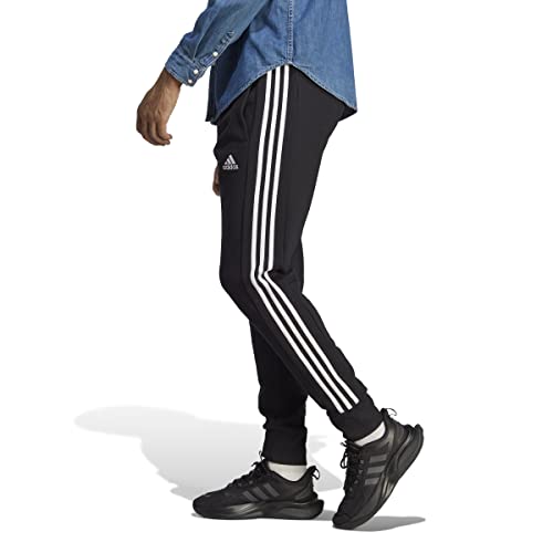 adidas Essentials French Terry Tapered Cuff 3-stripes Joggers Pants, Black/White, M Hombre