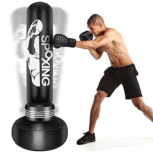 Adult Black Punch Bag-Bolsa de boxeo pesada e independiente para adultos, 69 '', con soporte para entrenamiento de fitness masculino MMA Muay thai - ideal bolsa de taekwondo inflable de pie