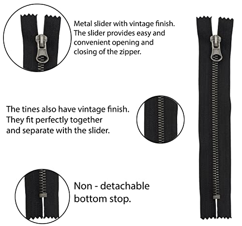 AERZETIX - C61536 - Juego de 5 Cremalleras N°5 no separables 20cm en metal vintage - tirador decorativo - color negro - cursor marroquinería costura falda jeans mercería