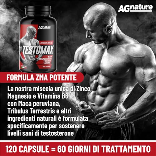 AG nature Testosterona Hombre Aumento Masa Muscular 120 Cápsulas | Suplemento Fuerte Energizante con Maca Peruana, Magnesio, Zinc y Vitamina B6