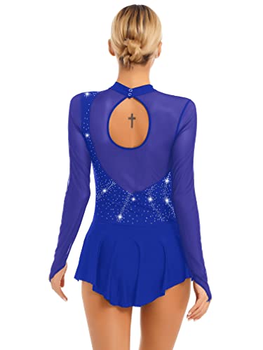 Agoky Maillot Manga Larga de Patinaje Artístico para Mujer Vestido de Danza Lírica Contemporánea Leotardo de Ballet Clásica Gimnasia Disfraz de Bailarina A Azul real L