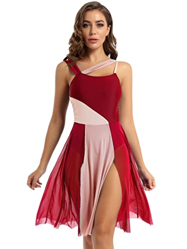 Agoky Vestido de Danza Ballet para Mujer Maillot de Gimnasia Rítmica Sin Mangas Vestido de Danza Lírica Contemporánea Traje de Bailarina Fiesta A Vino Rojo S