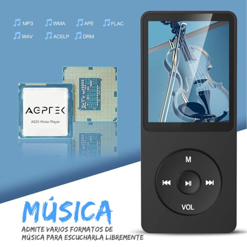AGPTEK 32GB MP3 Reproductor, 1.8" Pantalla MP3 HiFi Música Portátil sin Pérdida, MP3 Player con Line-in,Altavoz,Radio FM,Grabación,E-Book, Soporta 128GB TF(No Incluido)