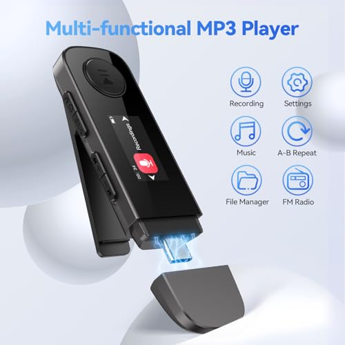 AGPTEK 64GB Reproductor MP3, Bluetooth 5.3 MP3 Tipo-C Sport Clip Reproductor de Música HiFi Portátil Sin Pérdida con Radio FM/Recorder, Reproductor MP3 Soporta Teléfono