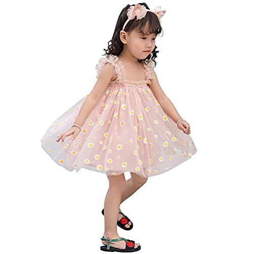 AGQT Vestido de Tul para Niña Sin Mangas Princesa Tutú Formal Fiesta Rosa Margarita-Cordón Tamaño 3-4 años