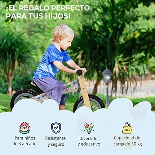AIYAPLAY Bicicleta sin Pedales de Madera para Niños de 3-6 Años con Sillín Ajustable de 34-40 cm Bicicleta de Equilibrio Infantil con Ruedas de 12" Carga 30 kg 87x37x50 cm Gris