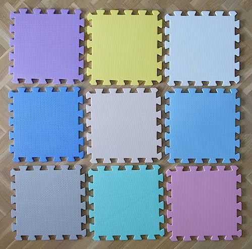 Alfombra Puzzle de Goma EVA para niños. 1 cm. de Espesor. 9 Piezas Intercambiables. Colores Suaves Variados