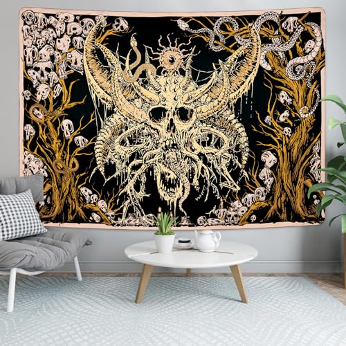 Alishomtll Tapiz de pared de calavera, serpiente humana, tapiz de pared de árbol negro y amarillo, estilo estético hippie gótico, tapiz de pared para dormitorio, decoración del hogar, tapiz, 210 x 150