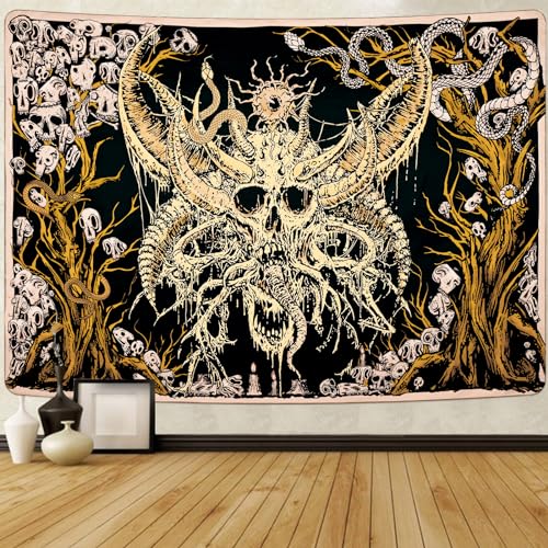 Alishomtll Tapiz de pared de calavera, serpiente humana, tapiz de pared de árbol negro y amarillo, estilo estético hippie gótico, tapiz de pared para dormitorio, decoración del hogar, tapiz, 210 x 150